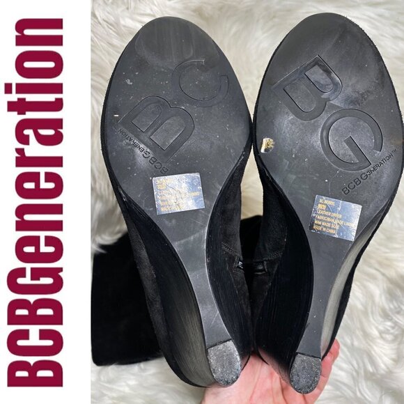 BCBGeneration Merryl Black Genuine Suede Tall Wedge Chain Link Boots, Size 9 - Picture 8 of 12